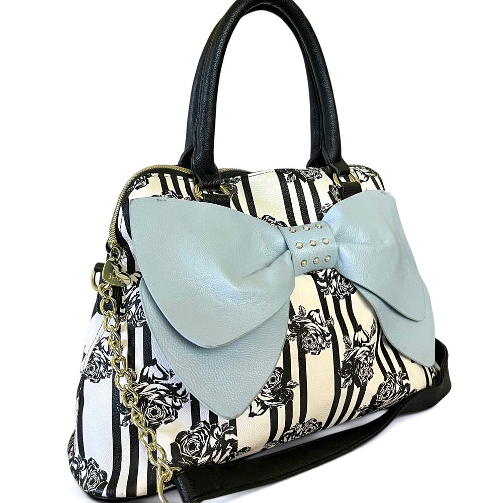 Betsey Johnson Blue Bow Faux Leather Floral Stripe Dome Satchel Bag Handbag FLAW - Picture 13 of 13